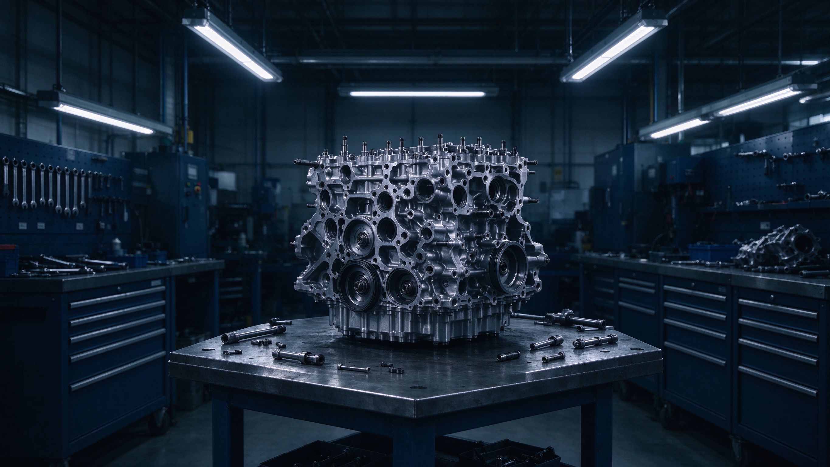 Engine remanufacturing workshop with engine block on workbench