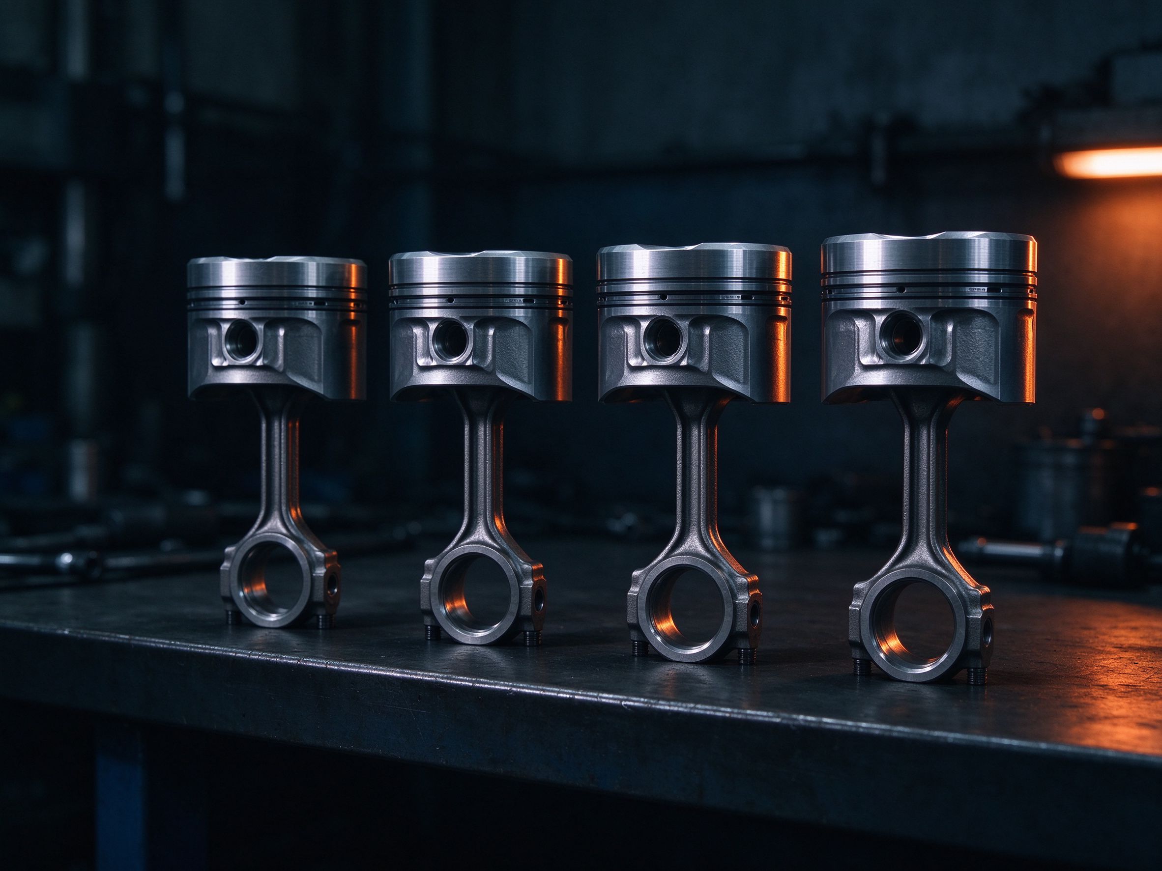 Matched piston and connecting rod assemblies on a workbench