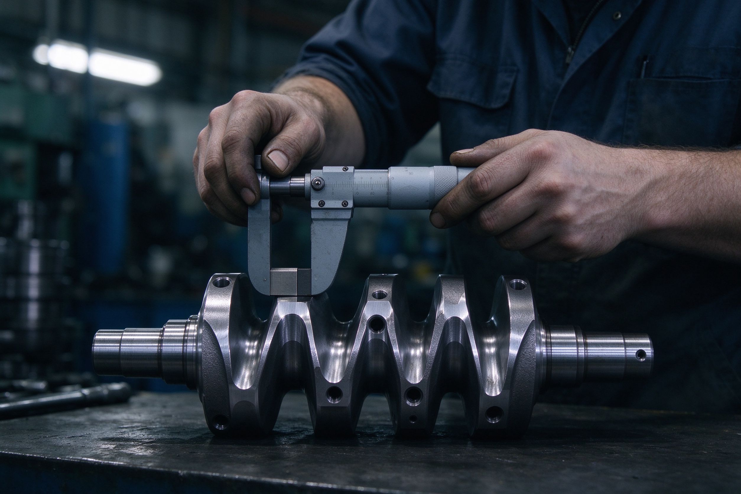 Technician measuring an engine crankshaft with a micrometer